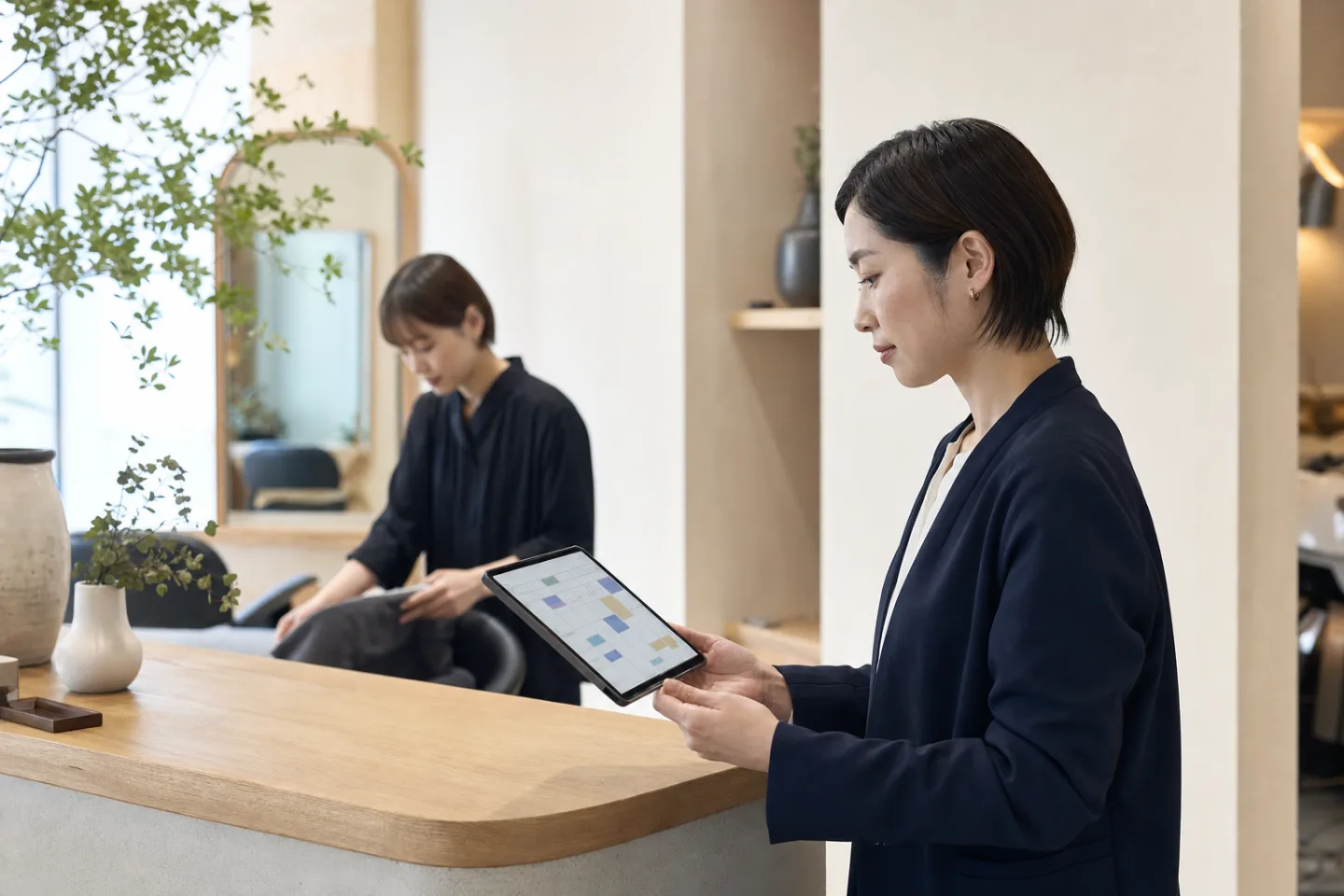 美容室の受付で予約表をタブレット確認する店舗責任者